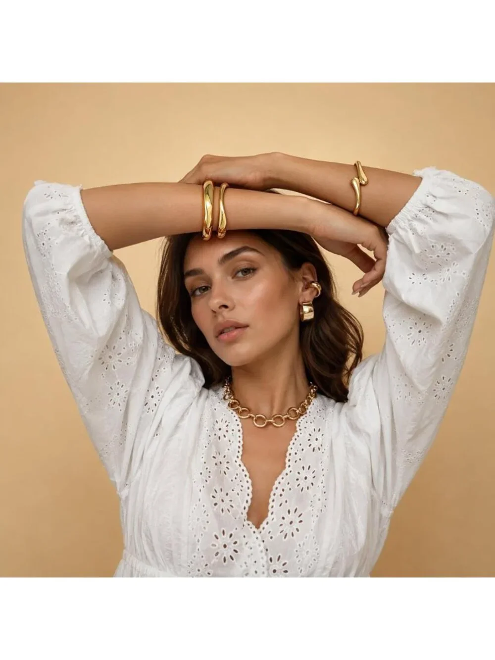 Trendy Chunky Gold Bangle Bracelets Set | 14K Gold Plated Cuff Jewelry Gift